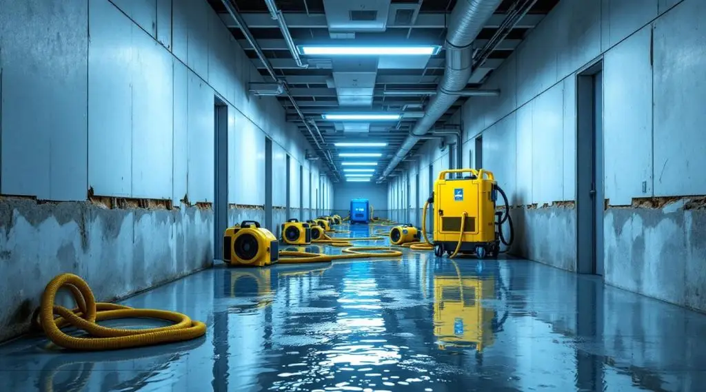 Commercial building lobby with water damage being assessed by restoration technicians