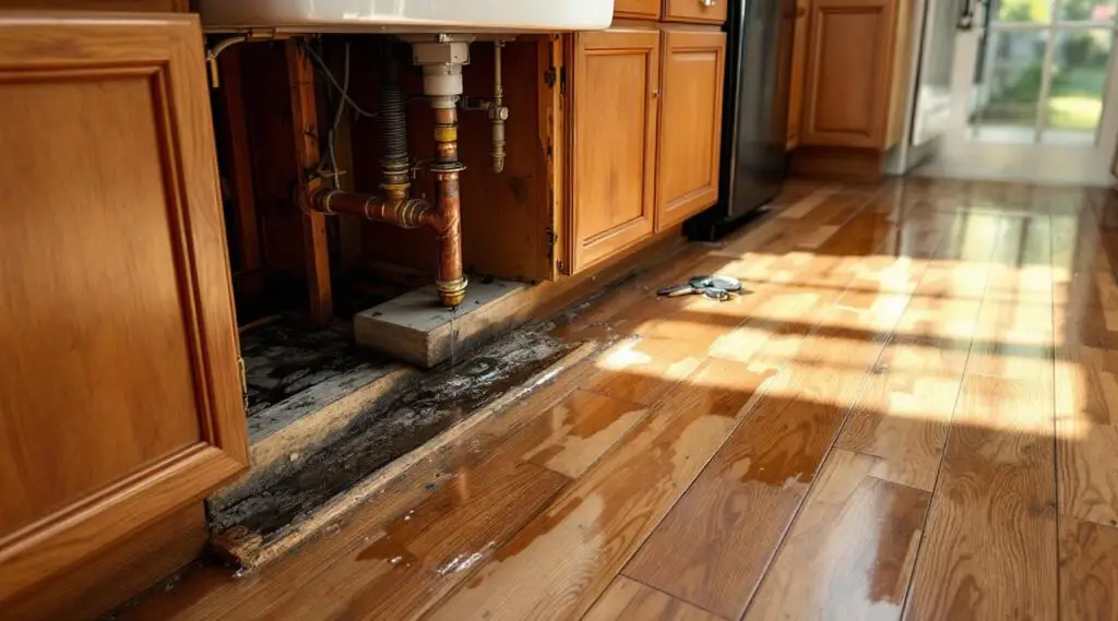 Water spreading across a kitchen floor from a leaking dishwasher, requiring immediate repair