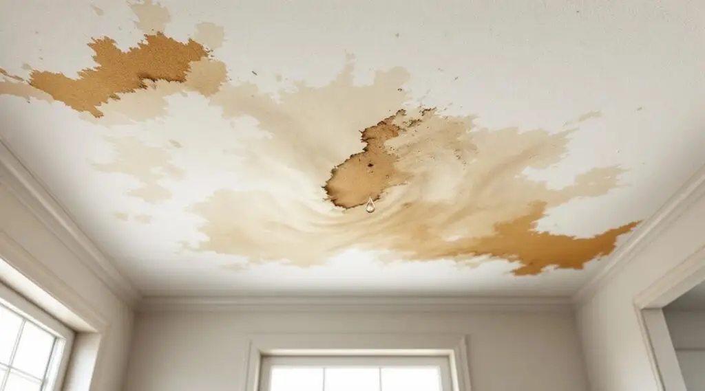 Water-damaged ceiling with a repair technician inspecting it