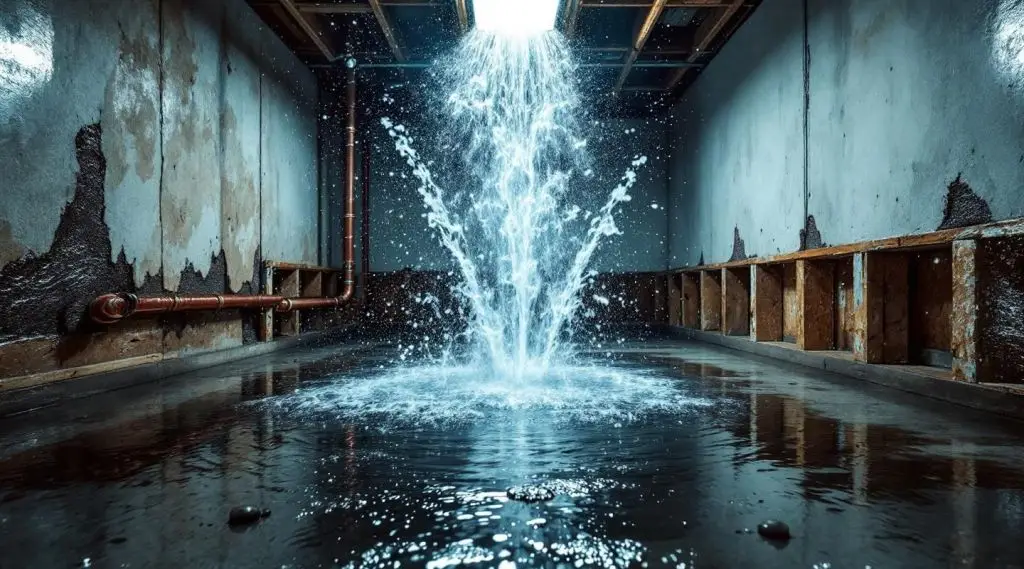 Water gushing from a burst pipe in a home kitchen, flooding the floor