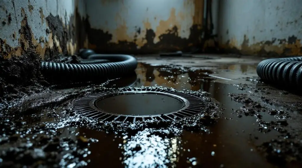Emergency sewage backup in a flooded commercial building hallway