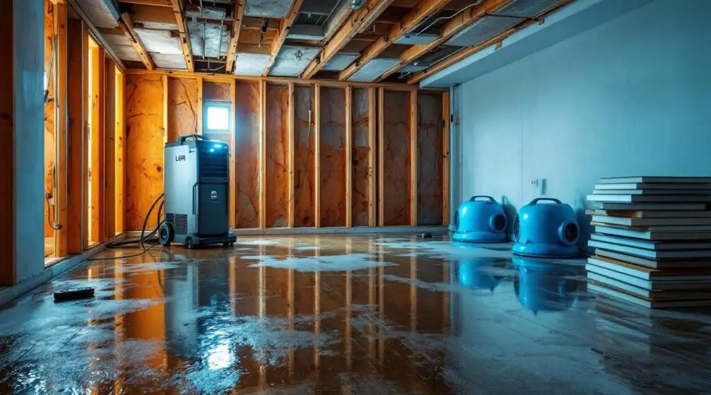 A flooded living room with water covering the carpet, showing furniture partially submerged and damaged.