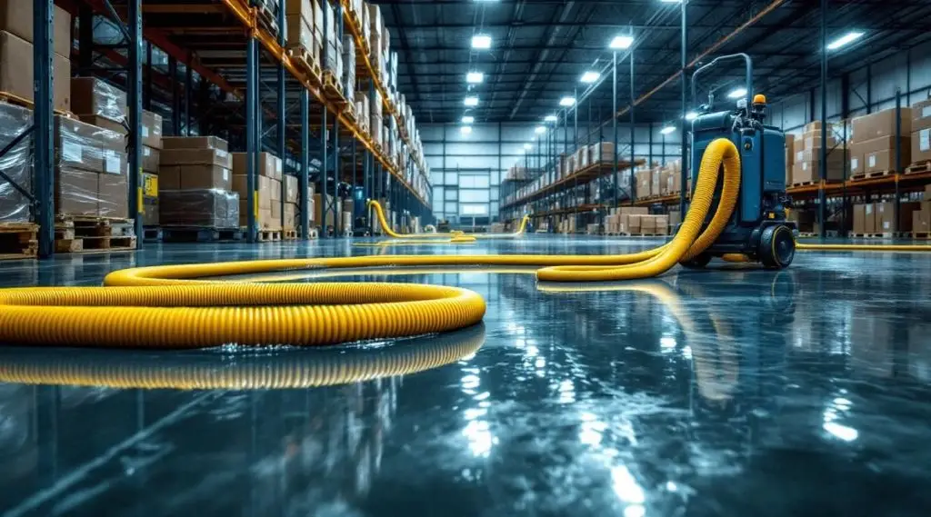 Commercial warehouse floor with standing water and water extraction equipment