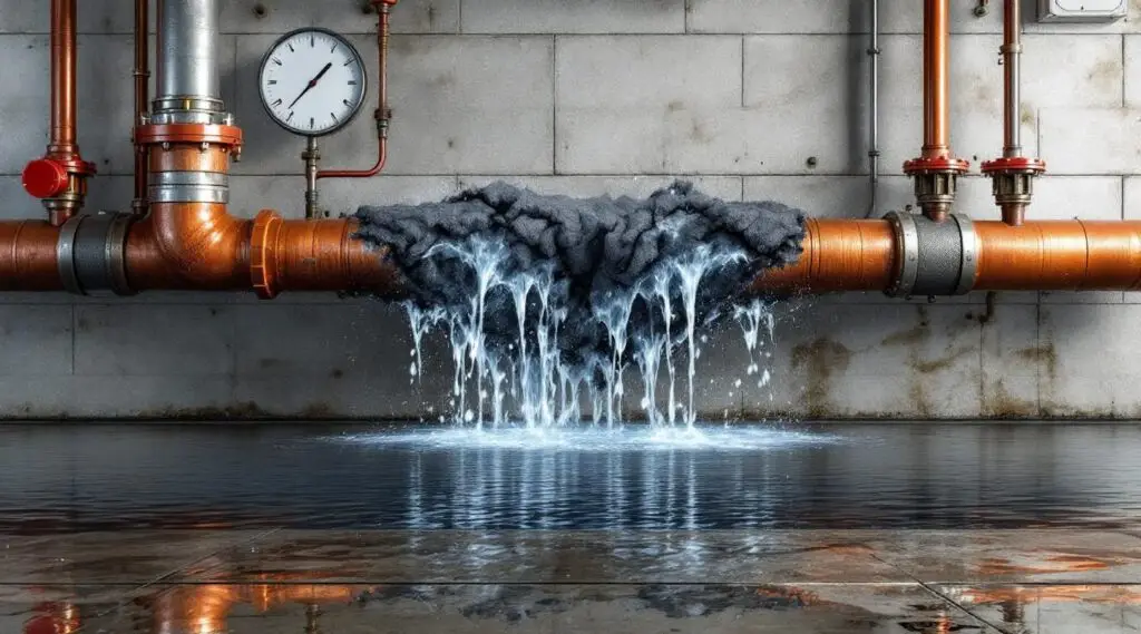 Commercial building with water leaking from a burst pipe, emergency restoration crew on site