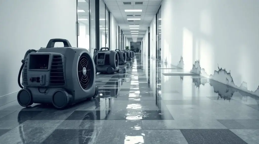 Commercial office building lobby with water damage being assessed by restoration technicians