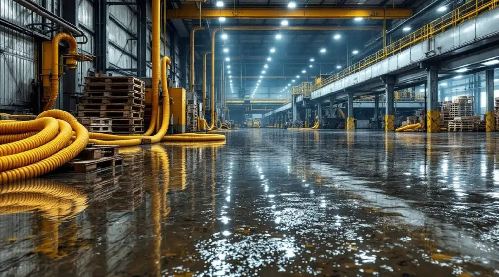 Commercial warehouse floor covered in standing water after a flood
