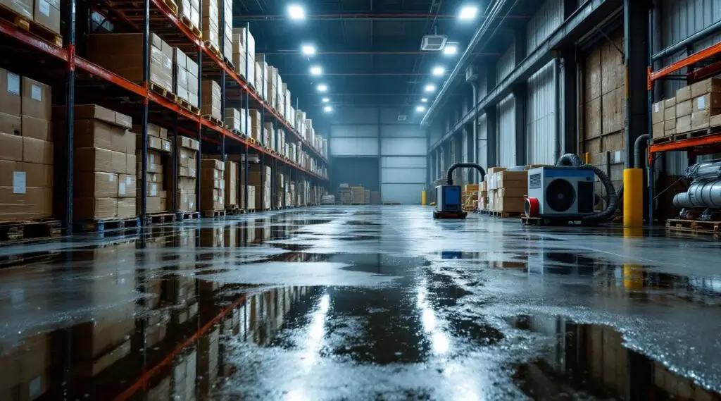 Industrial warehouse floor covered in standing water after a burst pipe, with restoration technicians assessing the damage.