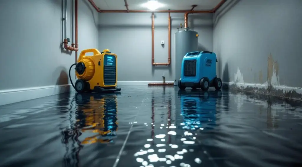 Technicians in protective gear assessing a flooded living room after a burst pipe