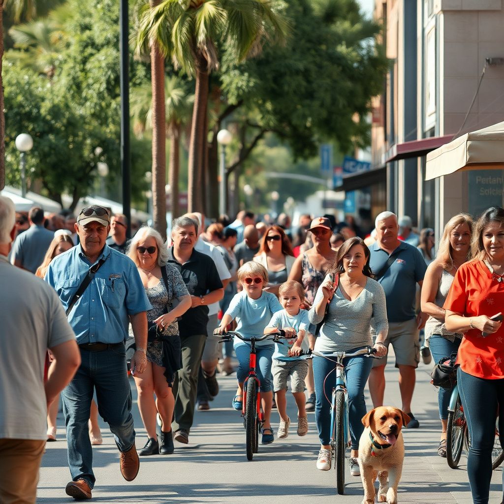 Historic adobe buildings and modern art galleries lining a vibrant street in Old Town Scottsdale, with people walking and enjoying the sunny weather.