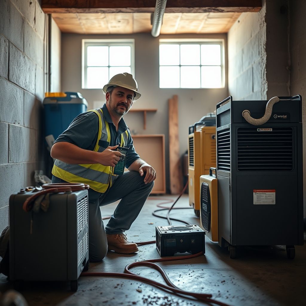 A water damage restoration technician inspecting a damp wall with a moisture meter in a Mesa home.