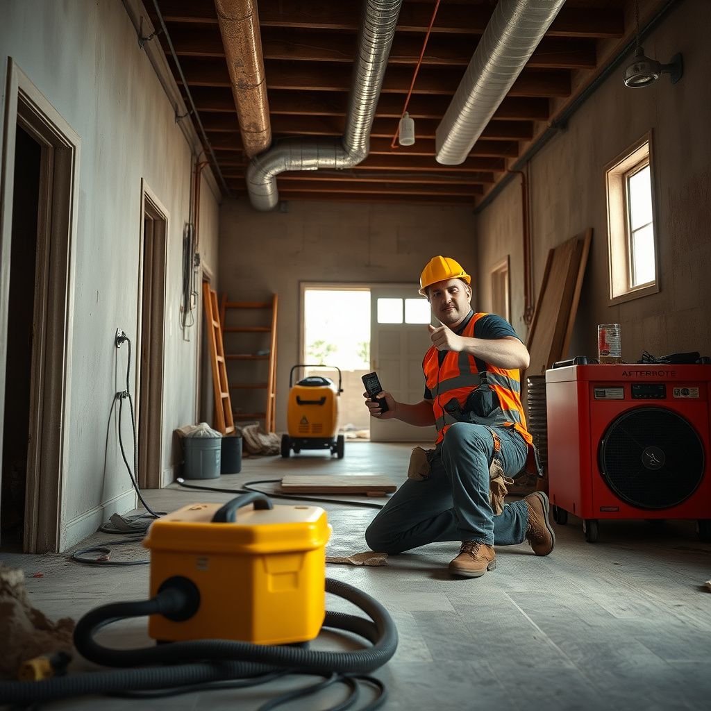 A professional water damage restoration technician explaining the drying process to a homeowner in a Queen Creek living room, with a dehumidifier running in the background.