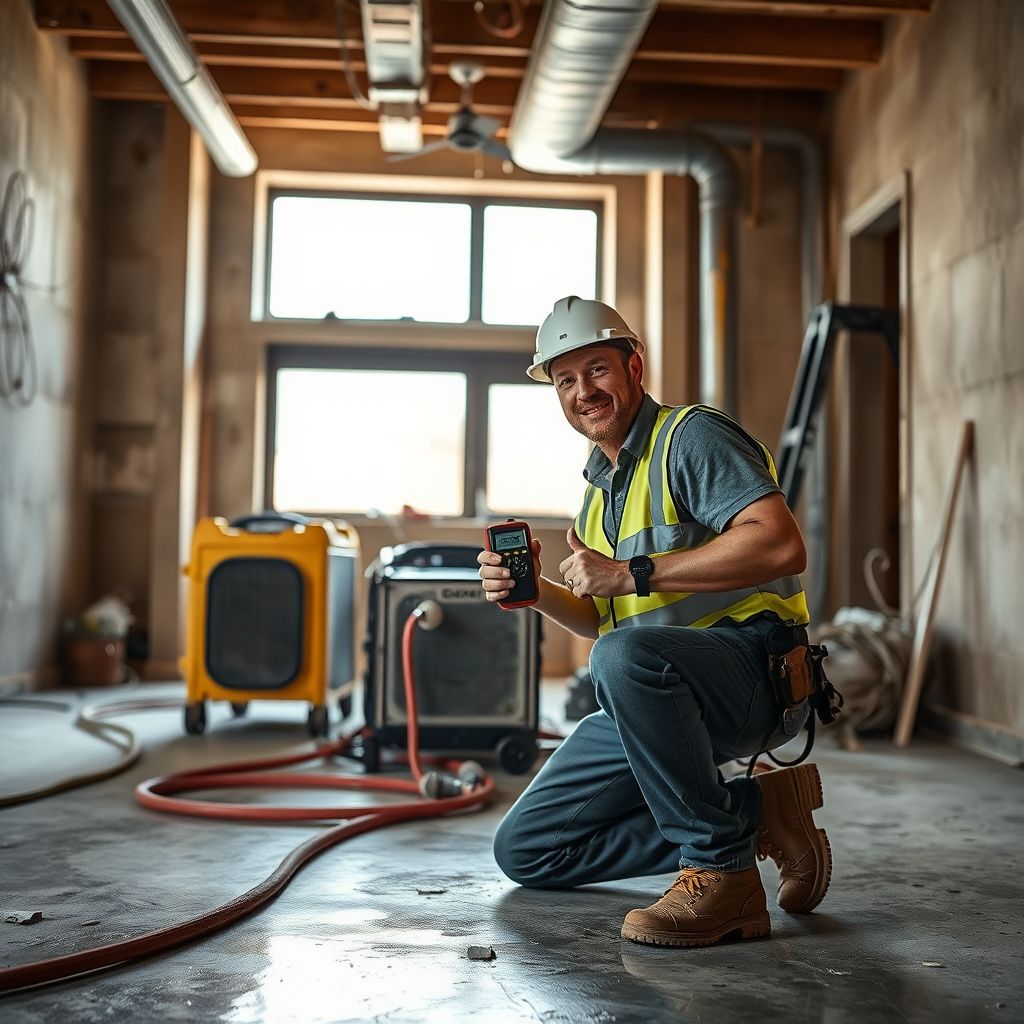 A water damage restoration technician explaining the drying process to a homeowner in a clean, restored living room in Tempe.