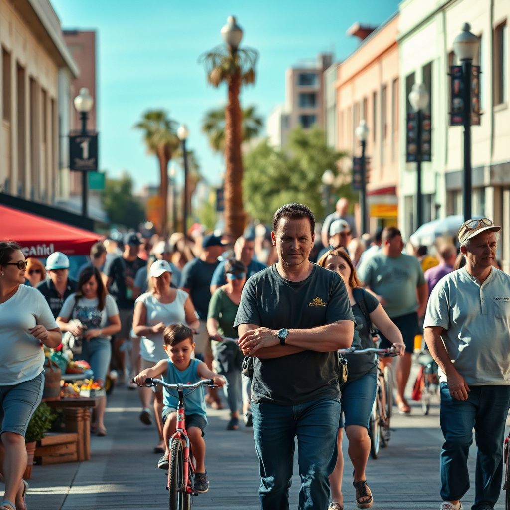 Historic downtown Mesa street scene with vintage buildings, palm trees, and the iconic Mesa Arts Center in the background under a clear Arizona sky.